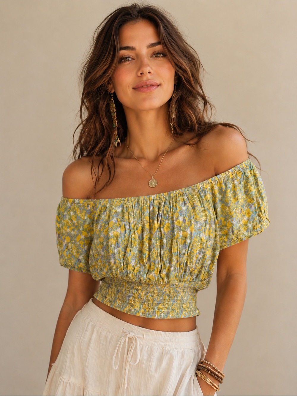 Free People Yellow & Blue Floral Off-Shoulder Smocked Crop Top, SZ S